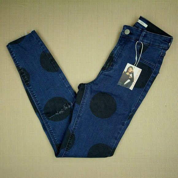 Zara Trafaluc Slit Knee Jegging Jeans Women's Size 2 Raw Hem Polka Dot Denim NWT - Picture 1 of 10